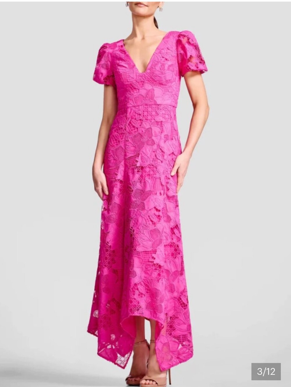 Dress the Population Lilith Bright Fuschia Lace Gown Handkerchief Puff Sleeve